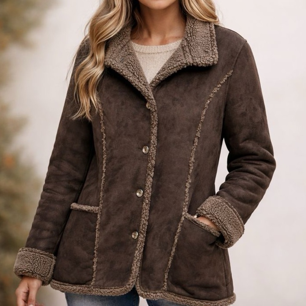 LL Bean Coat Womens XL Brown Faux Suede Sherpa‎ Lined Shearling Jacket